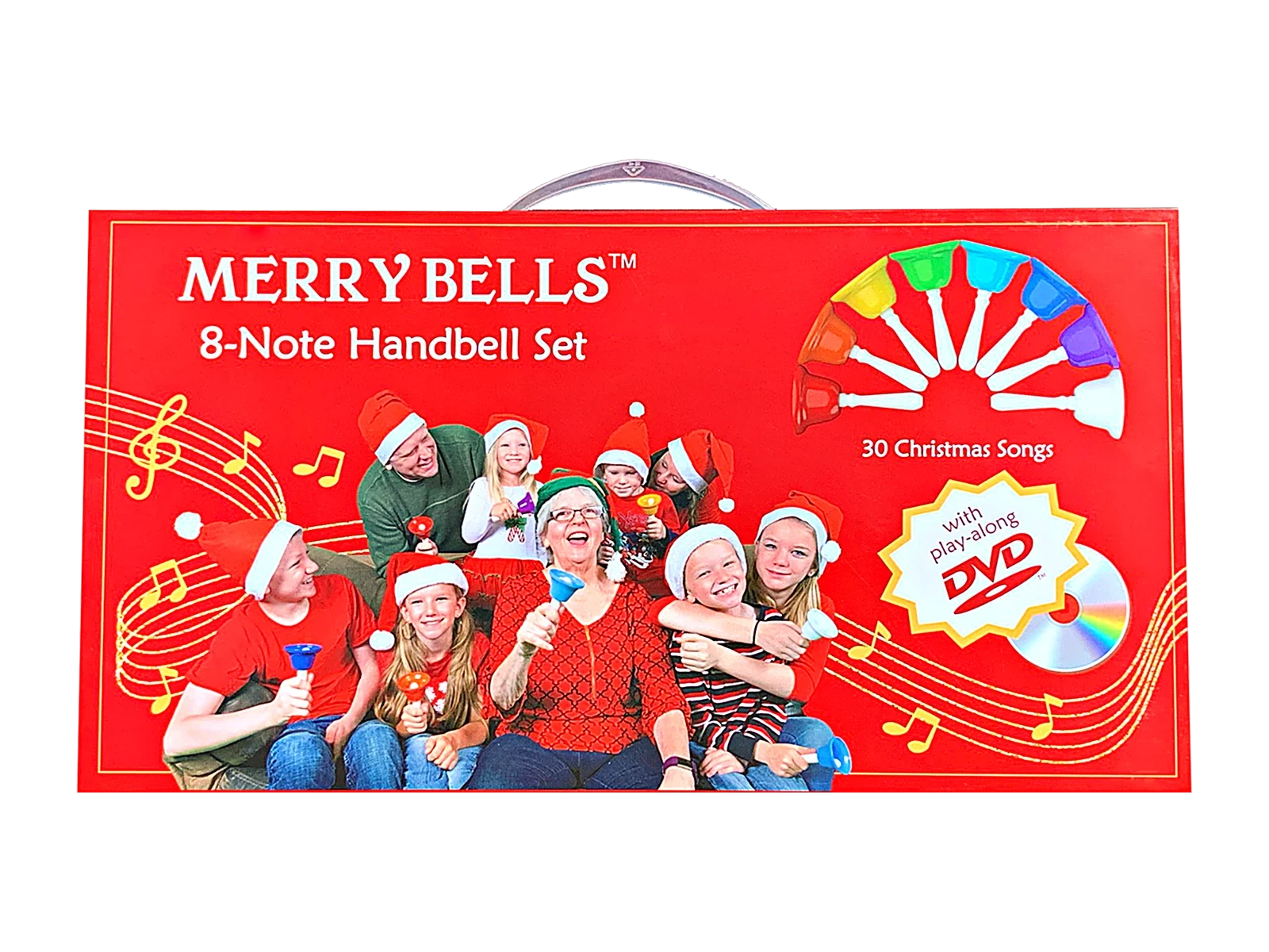 The Merry Bells box: a family in Santa hats ringing the eight colored handbells, with the free Christmas DVD flash.